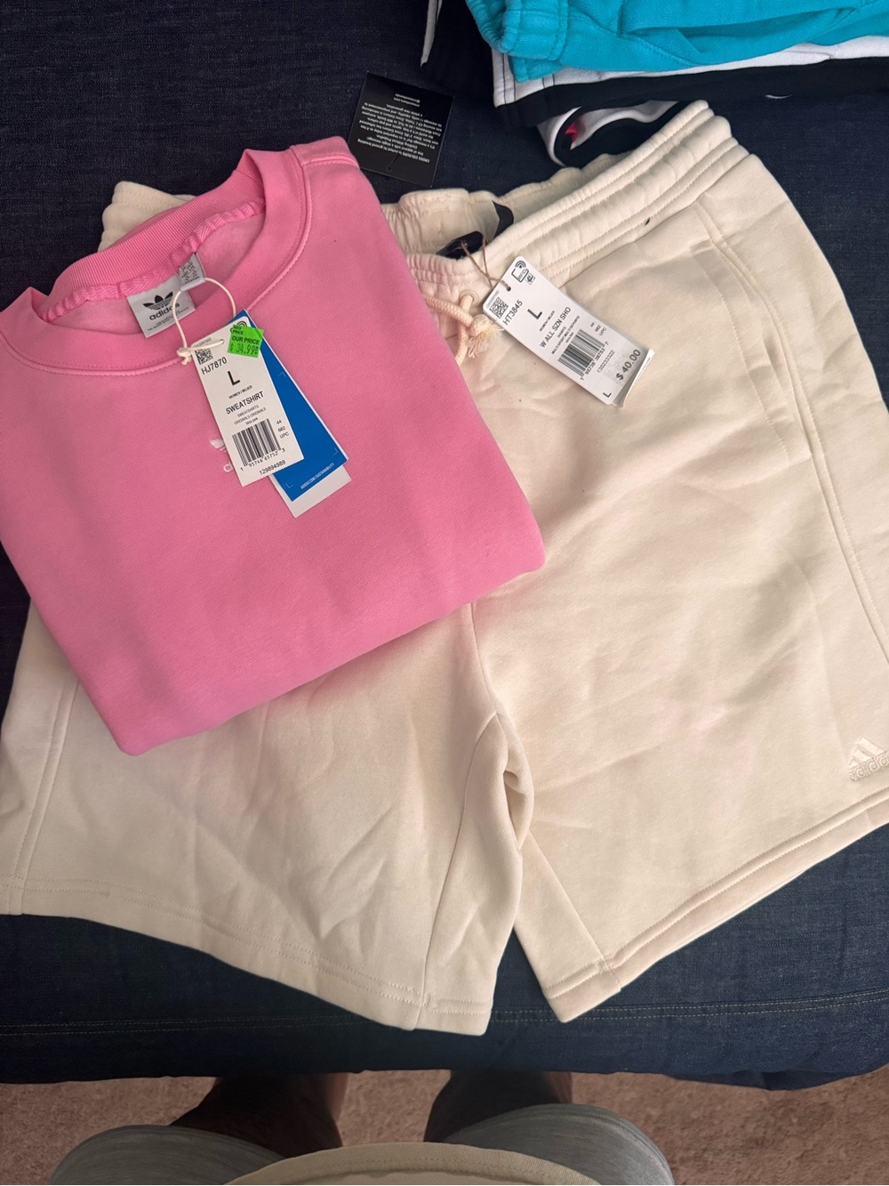 Adidas Cream Shorts and pink sweatshirt